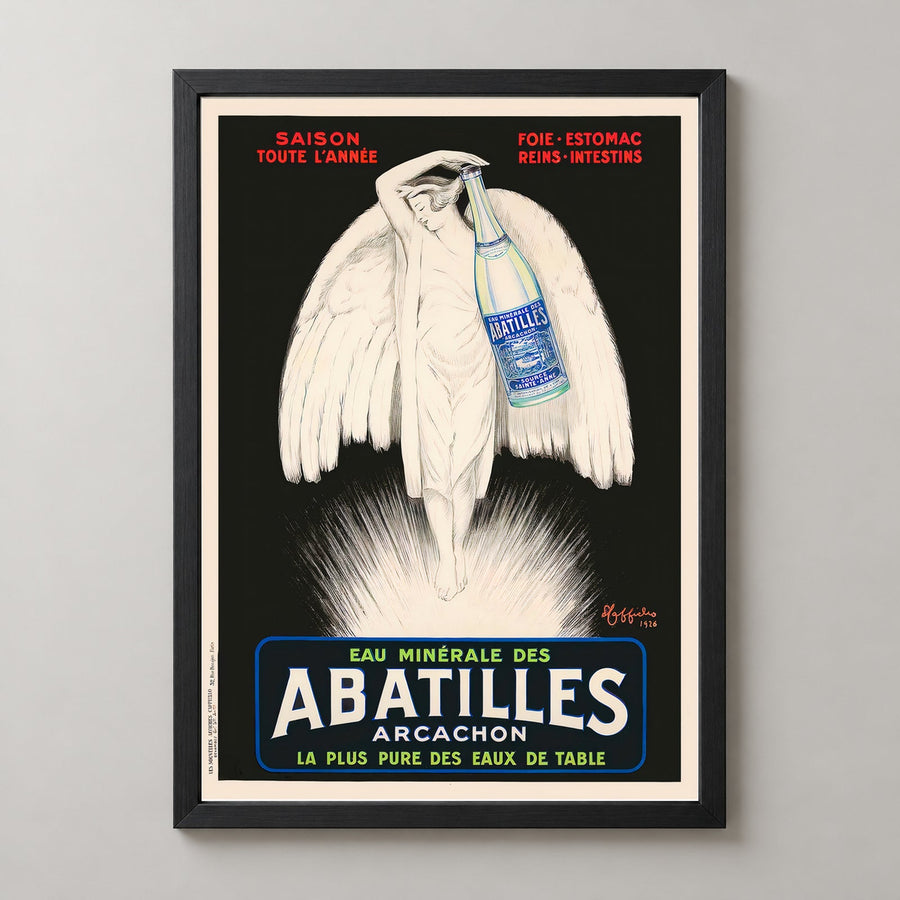 Abatilles Arcachon Mineral Water Vintage Advertising Poster by Leonetto Cappiello — realistic black frame studio view