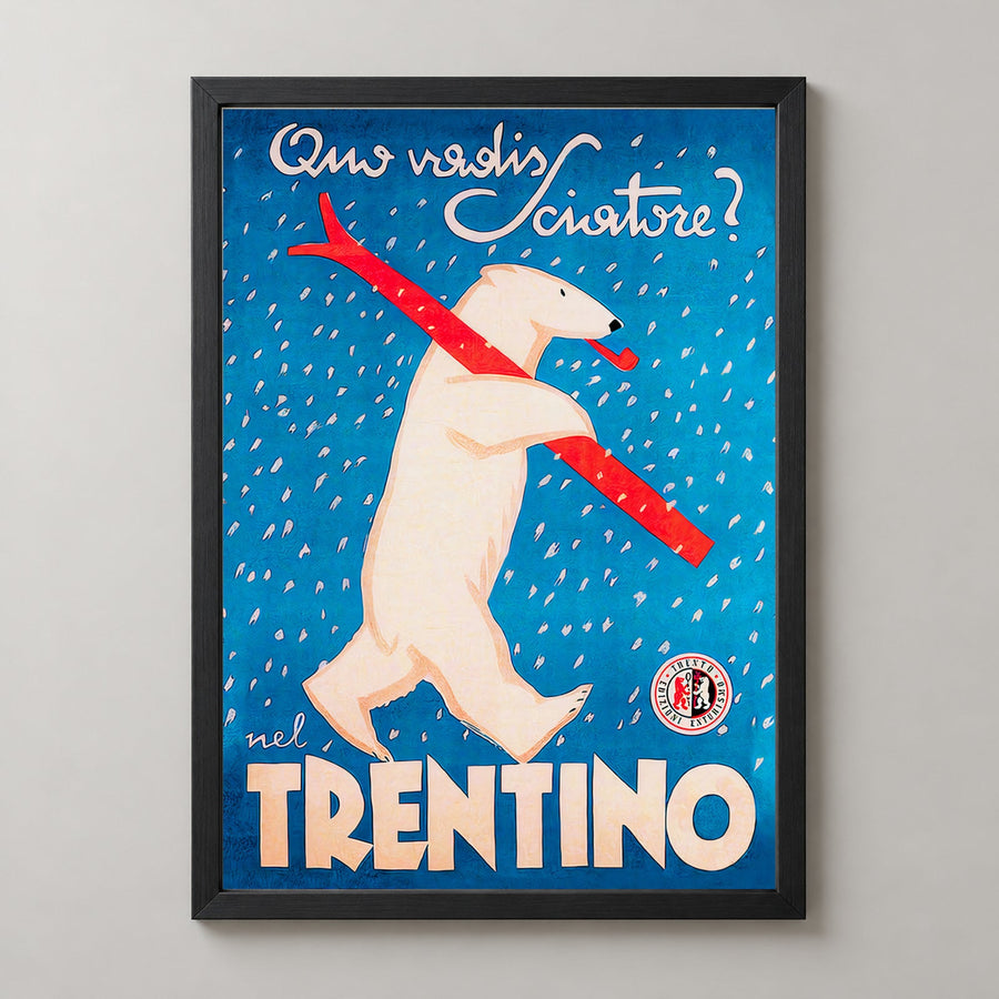 Trentino Polar Bear with Skis Vintage Advertising Poster — realistic black frame studio view