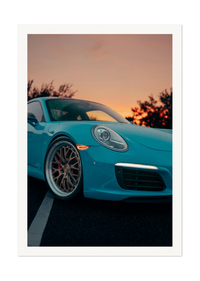 Blue Sports Car at Sunset - Modern Automotive Art Print