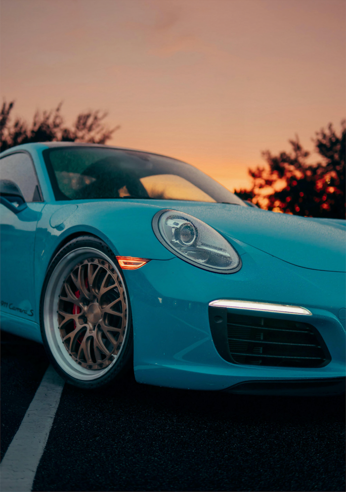 Blue Sports Car at Sunset - Modern Automotive Art Print