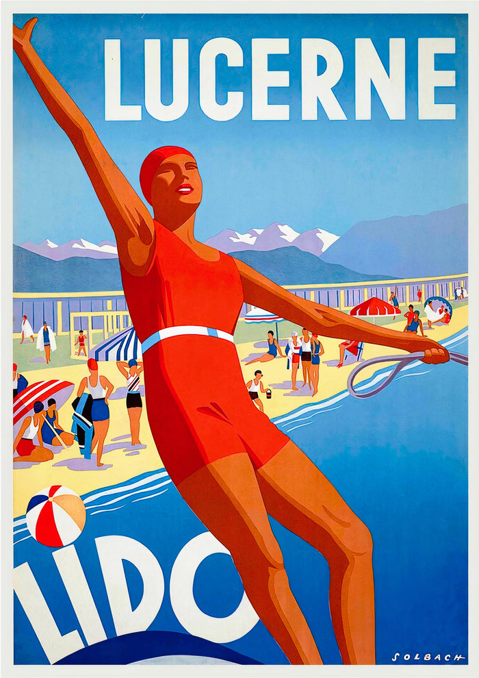 Lucerne Lido Switzerland Vintage Travel Poster