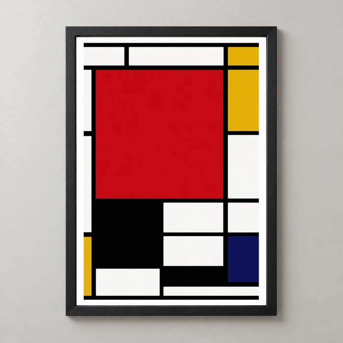 Piet Mondrian composition artwork print with large red pane, yellow, black and blue