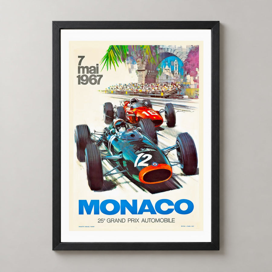Monaco 25th Grand Prix Automobile 1967 Vintage Racing Poster — realistic black frame studio view
