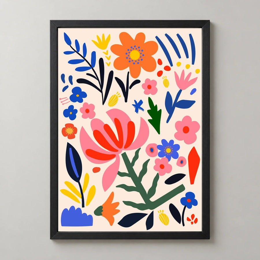 A Folk Flower Garden Art Print in a black frame, front view