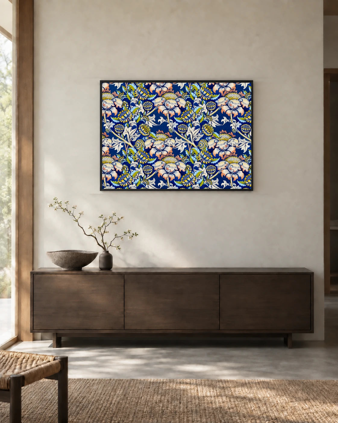 Blue and Pink Floral Pattern Art Print in a styled interior