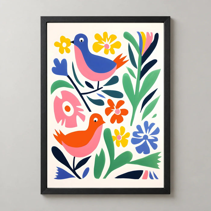 Blue and Red Folk Birds Art Print