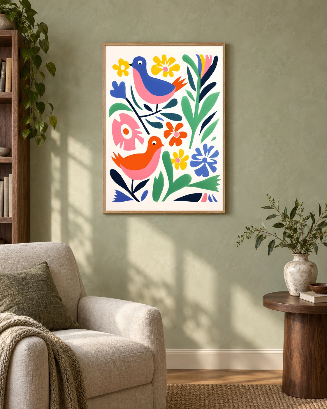 Blue and Red Folk Birds Art Print in a styled interior