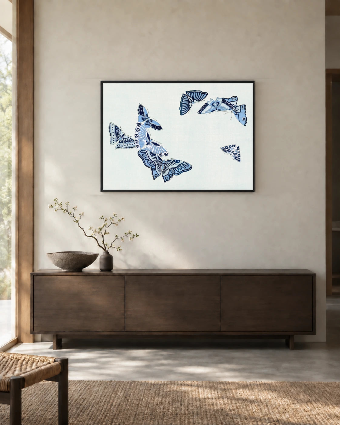 Blue Butterfly Dance Art Print by Kamisaka Sekka in a styled interior
