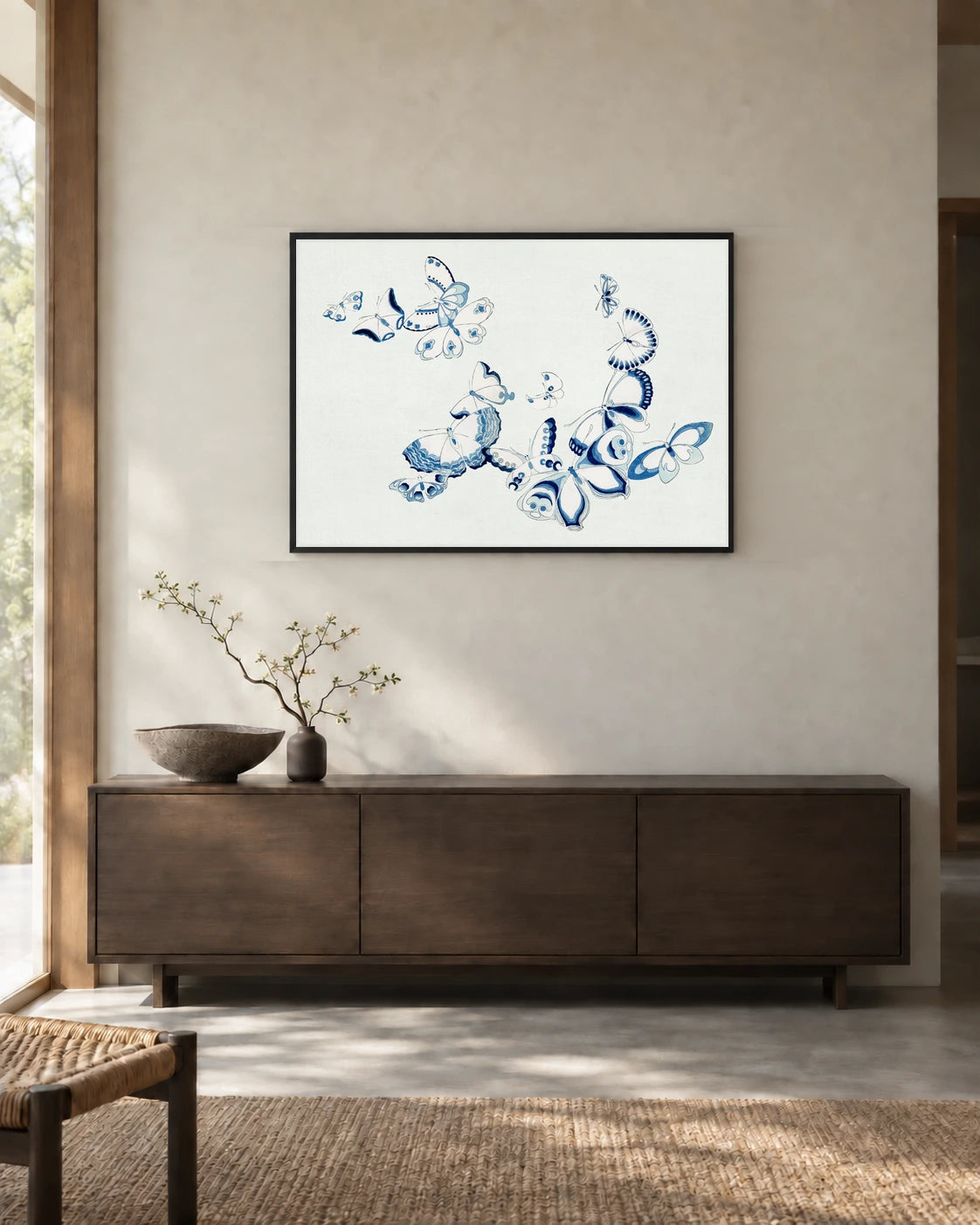 Blue Butterfly Outlines Art Print by Kamisaka Sekka in a styled interior