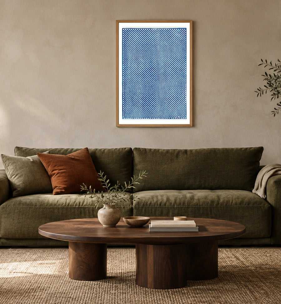 Blue Checkerboard Vintage Pattern Print by Pierre-Fiacre Perdoux in a styled interior
