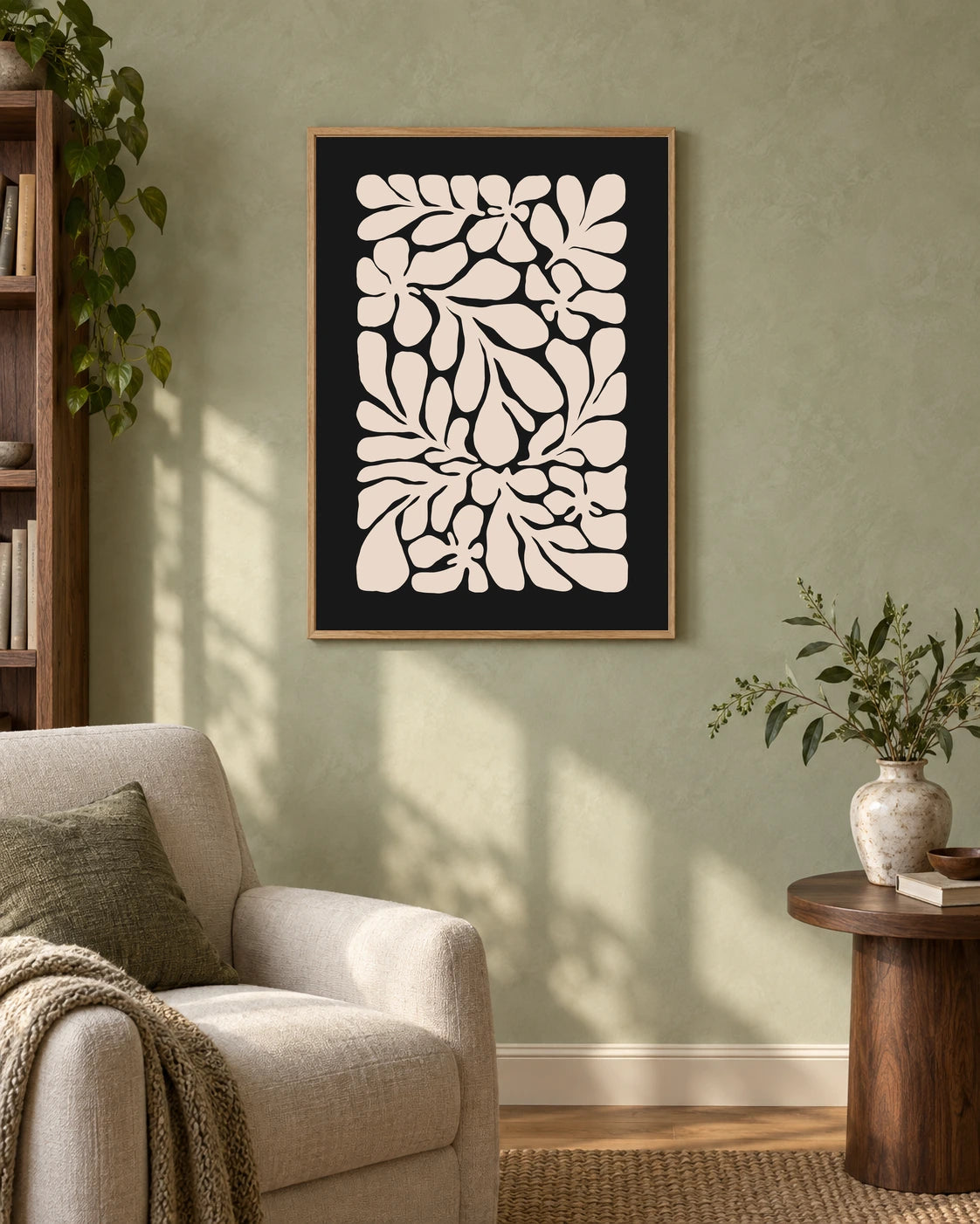 Cream Foliage on Black Art Print in a styled interior