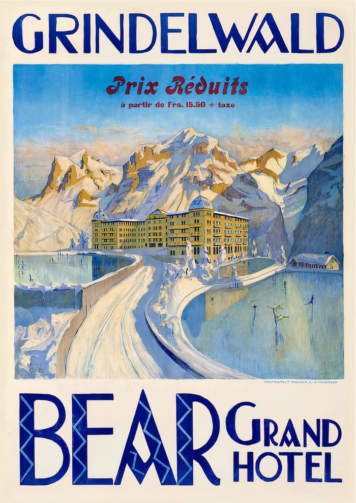 Bear Grand Hotel Grindelwald Switzerland Vintage Travel Poster