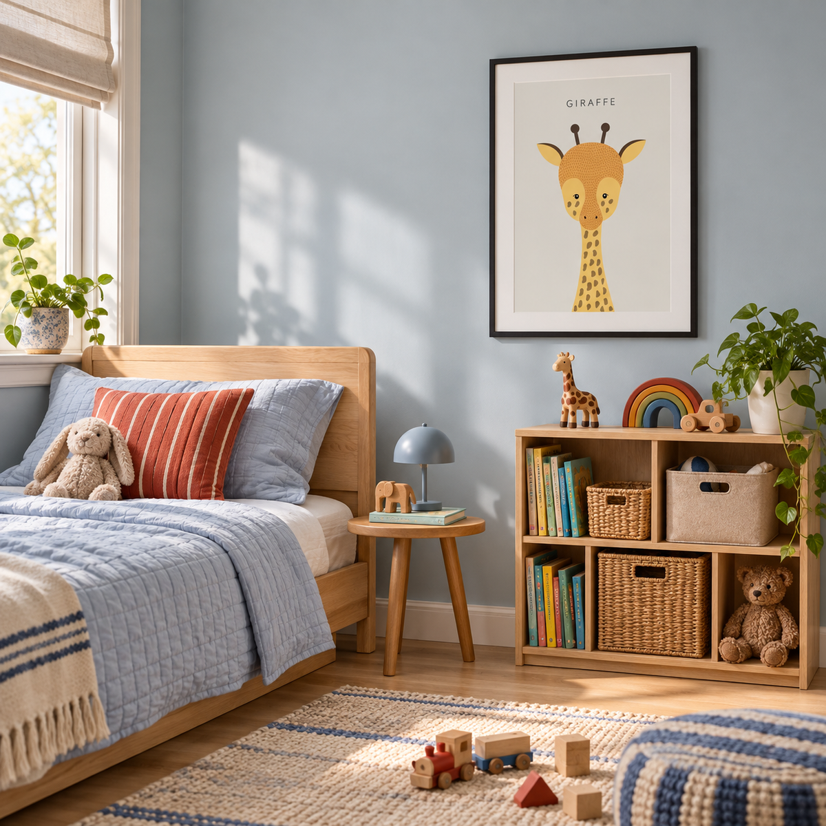 Giraffe print in a black frame beside a child’s bed, with pale blue bedding and wooden toys. Styled room setting.