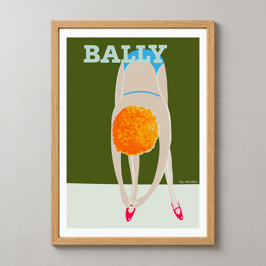 Bally Shoes Vintage Advertising Poster 1980 | Pierre Fix-Masseau — realistic natural wood frame studio view