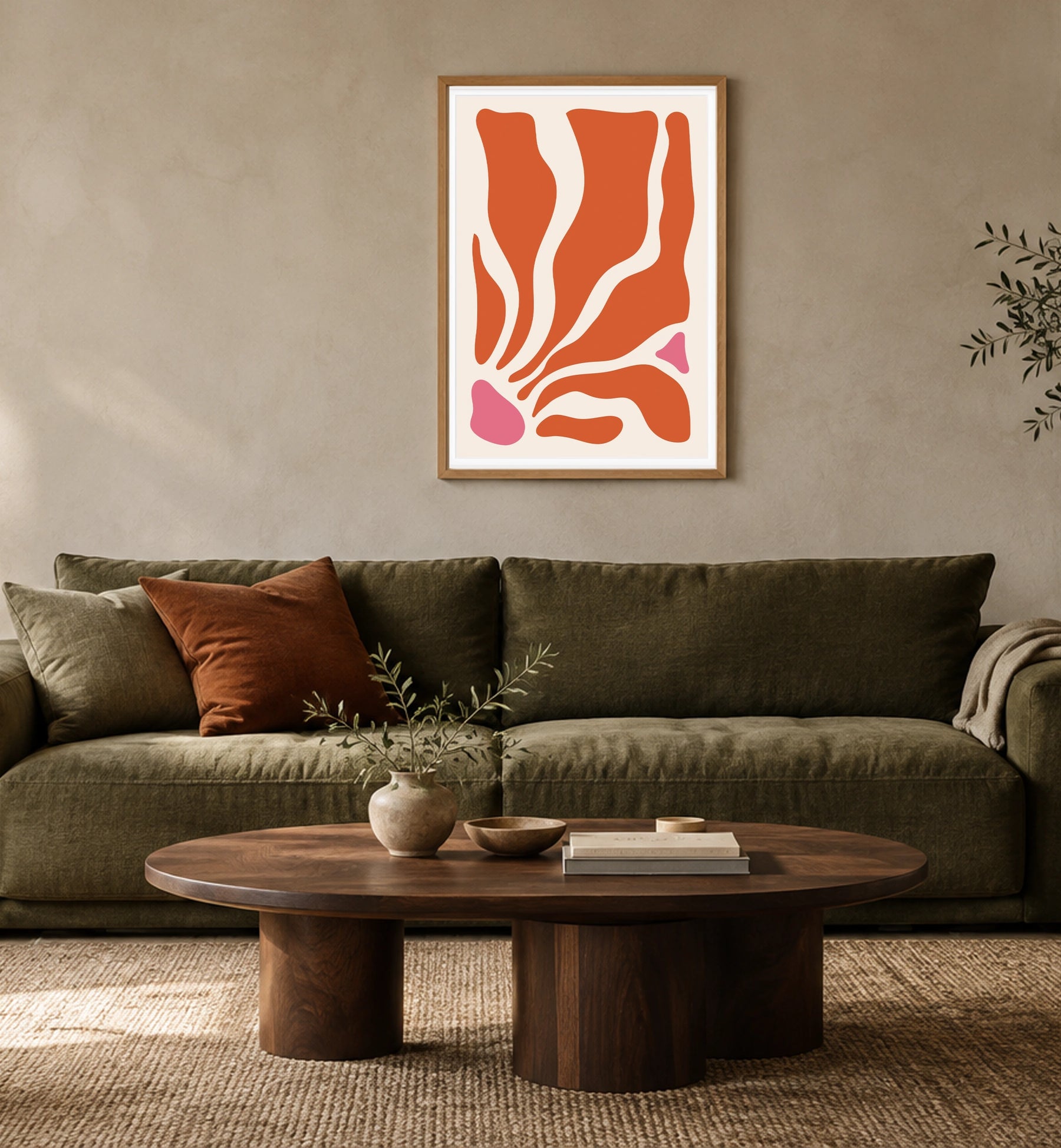 Abstract Orange and Pink Minimalist Art Print in a styled interior