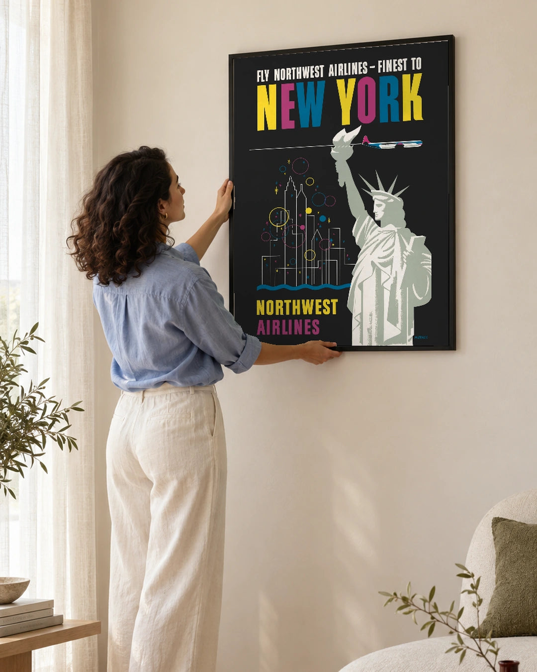 Northwest Airlines New York Vintage Travel Poster in a styled interior