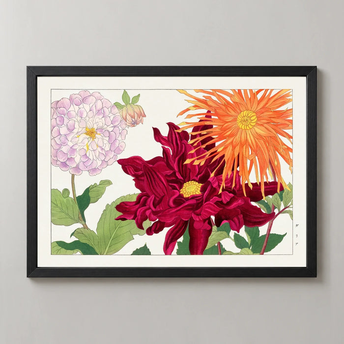 Dahlias in Orange and Lilac Art Print by Tanigami Kōnan