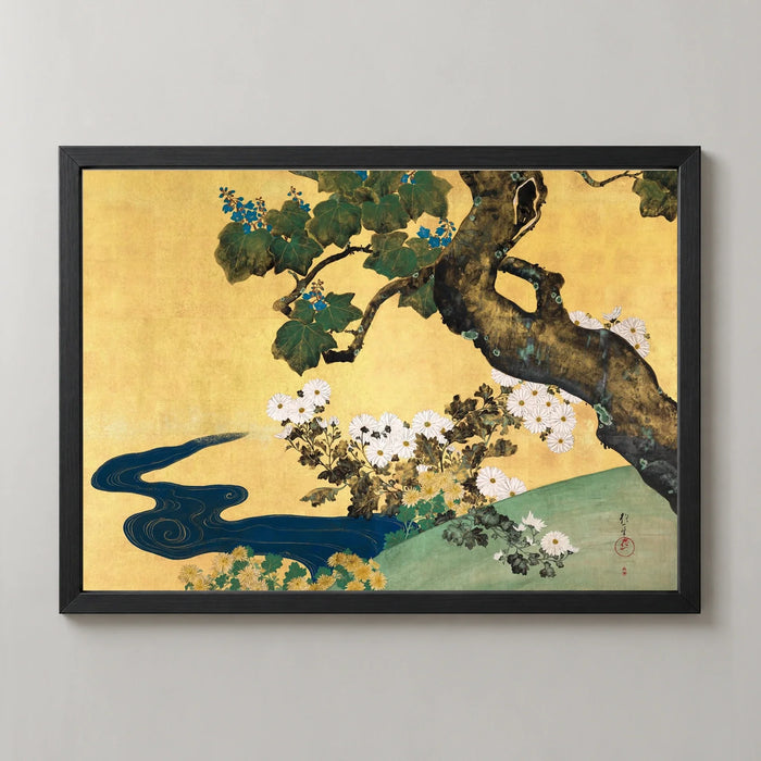 Chrysanthemums and Golden Tree Art Print