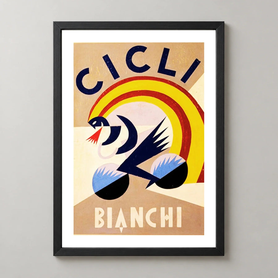 Cicli Bianchi Geometric Cycling Poster — black frame studio view