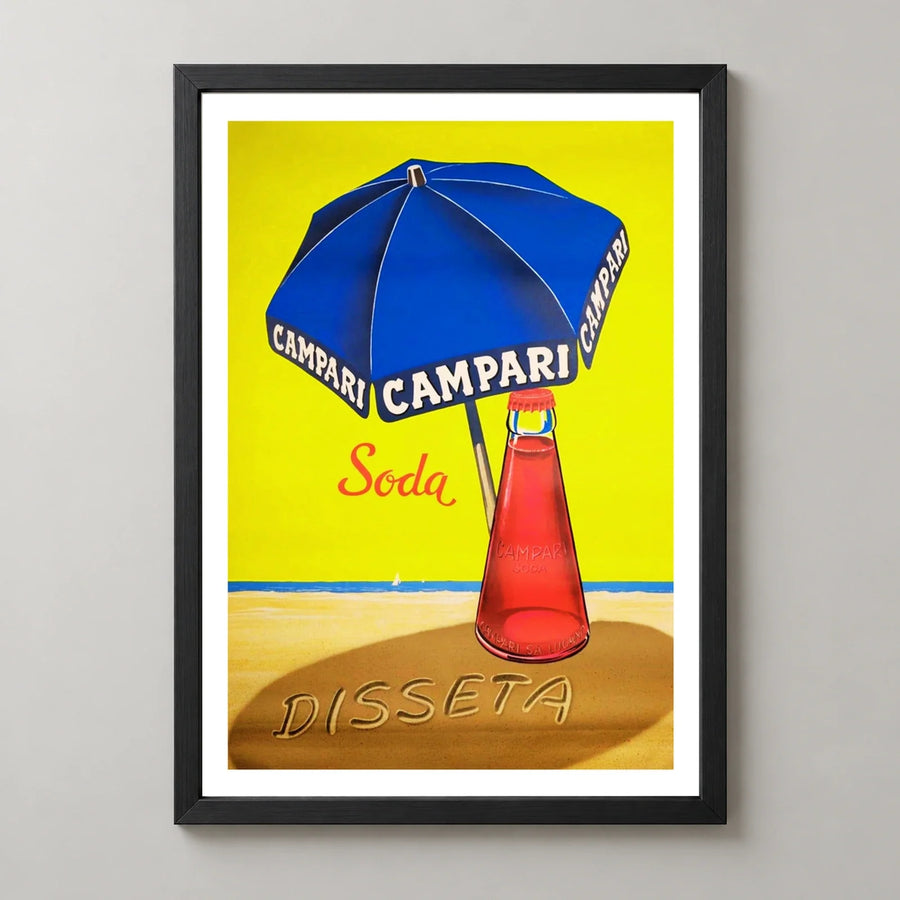 Campari Soda Blue Umbrella Beach Poster — black frame