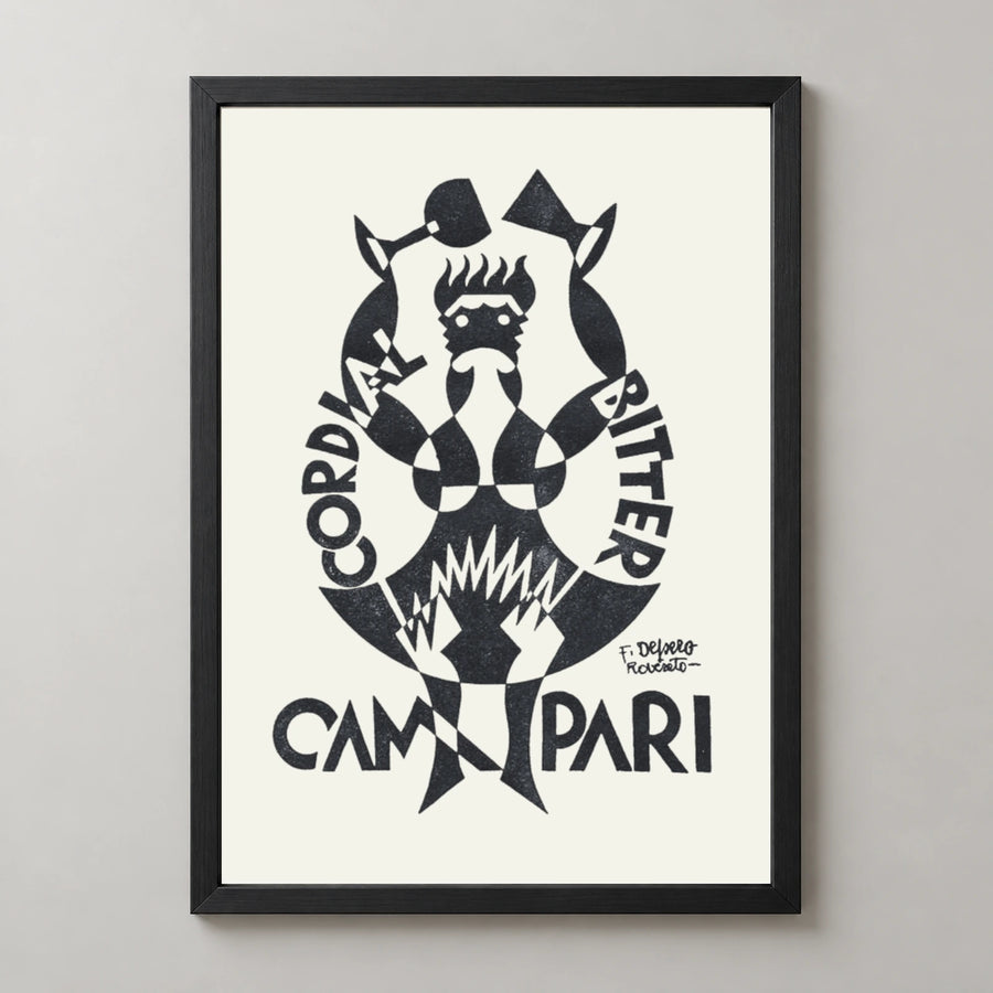Campari Black and White Toasting Figure Poster — black frame studio view