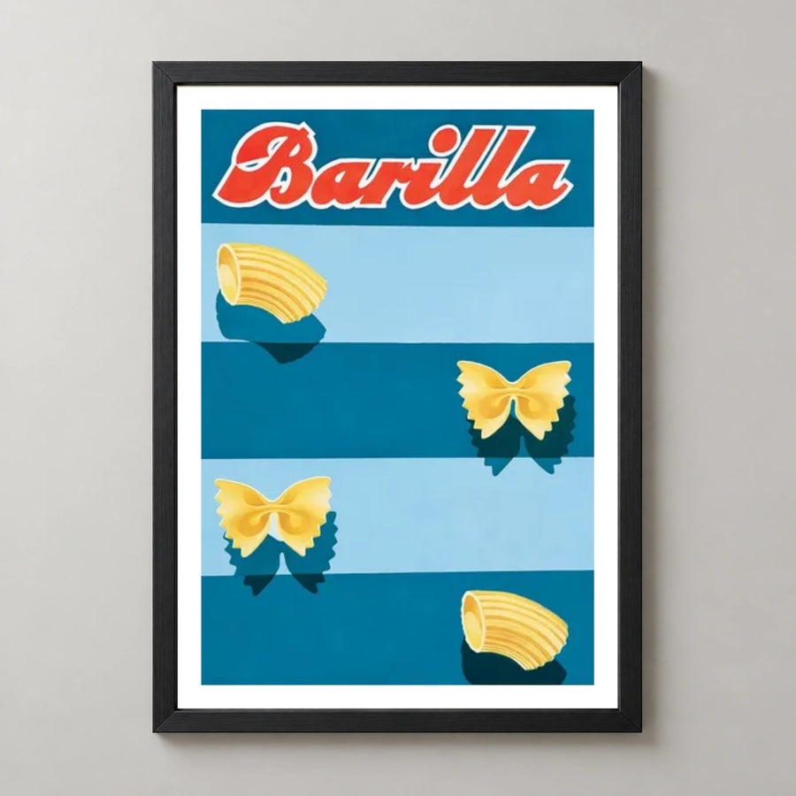 Barilla Pasta Blue Stripes Poster — black frame studio view