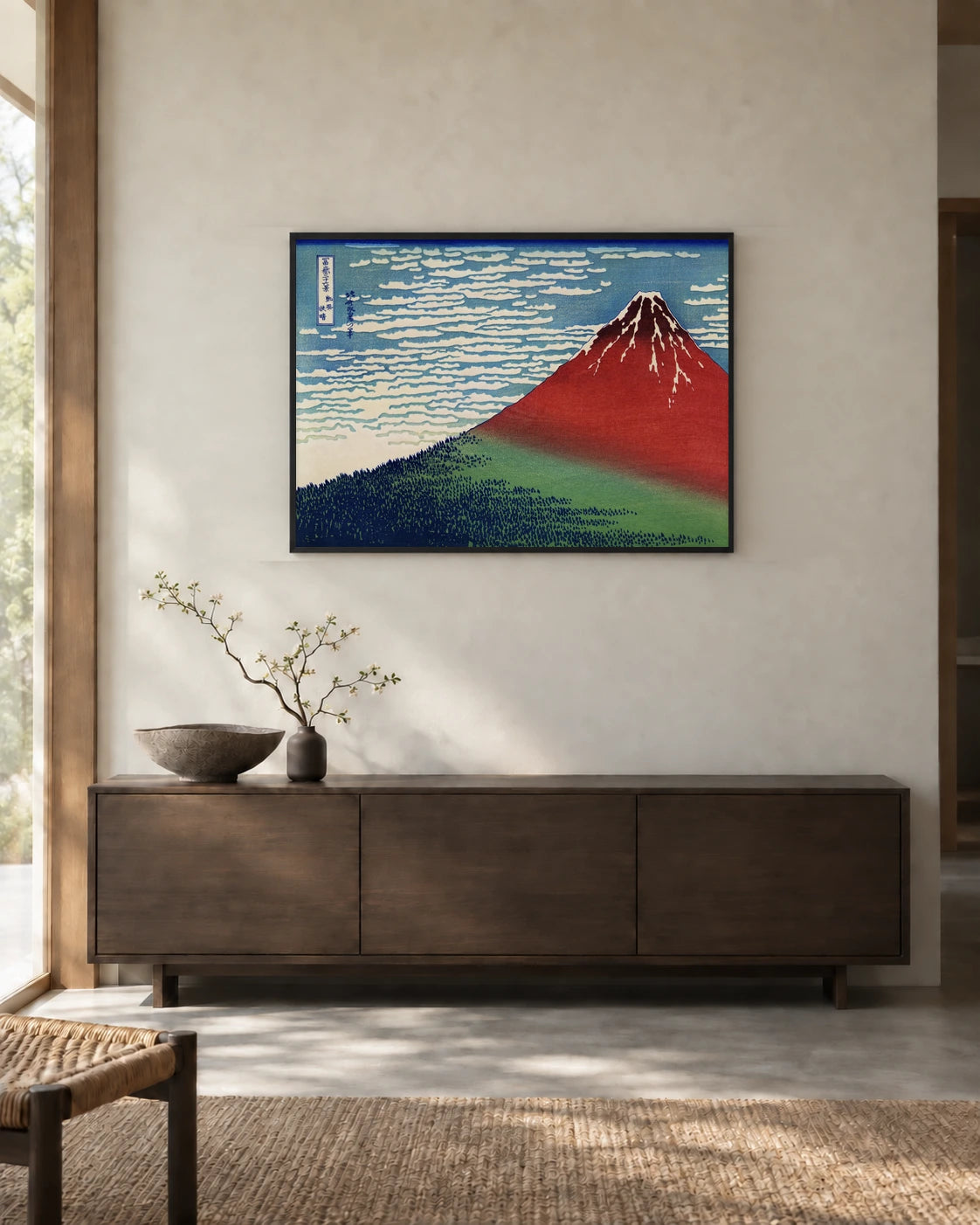 Red Fuji — Fine Wind, Clear Morning Art Print by Katsushika Hokusai in a styled interior