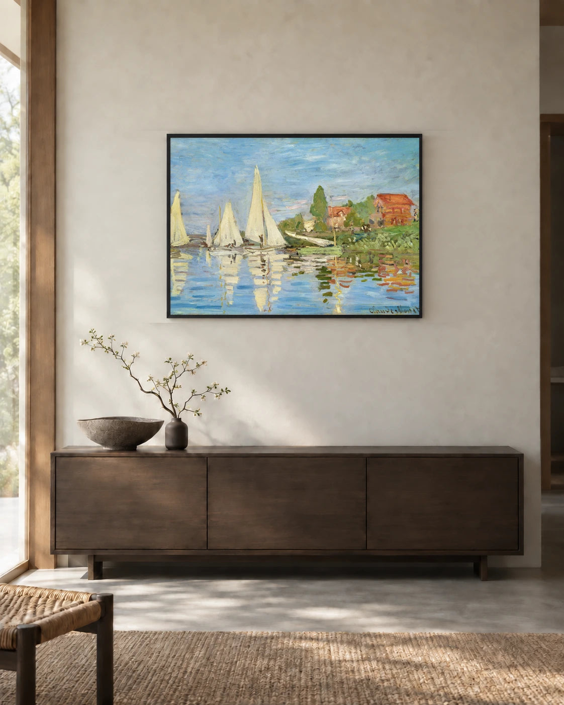 Regattas at Argenteuil Art Print by Claude Monet in a styled interior