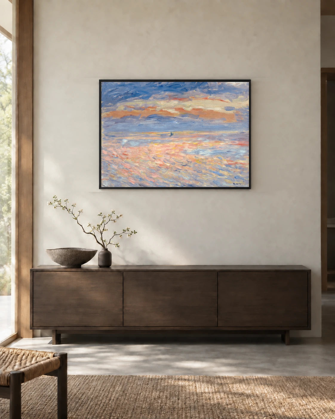 Sunset in Orange and Blue Art Print by Pierre-Auguste Renoir in a styled interior