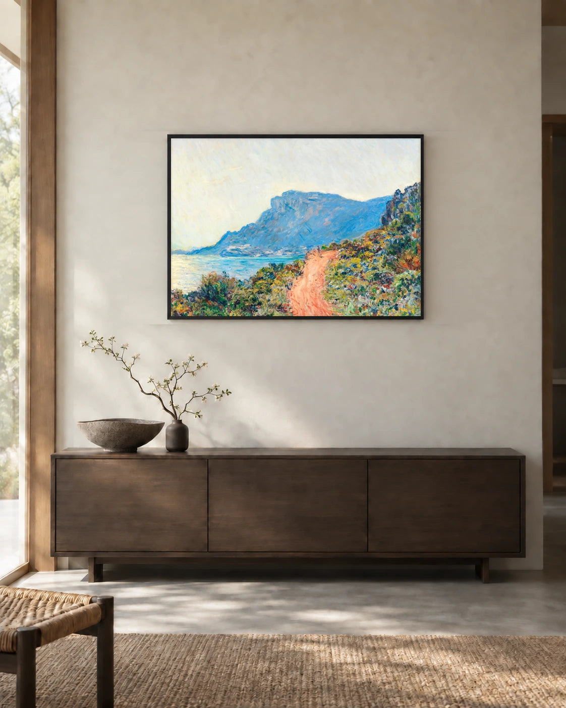 The Corniche near Monaco Art Print by Claude Monet in a styled interior