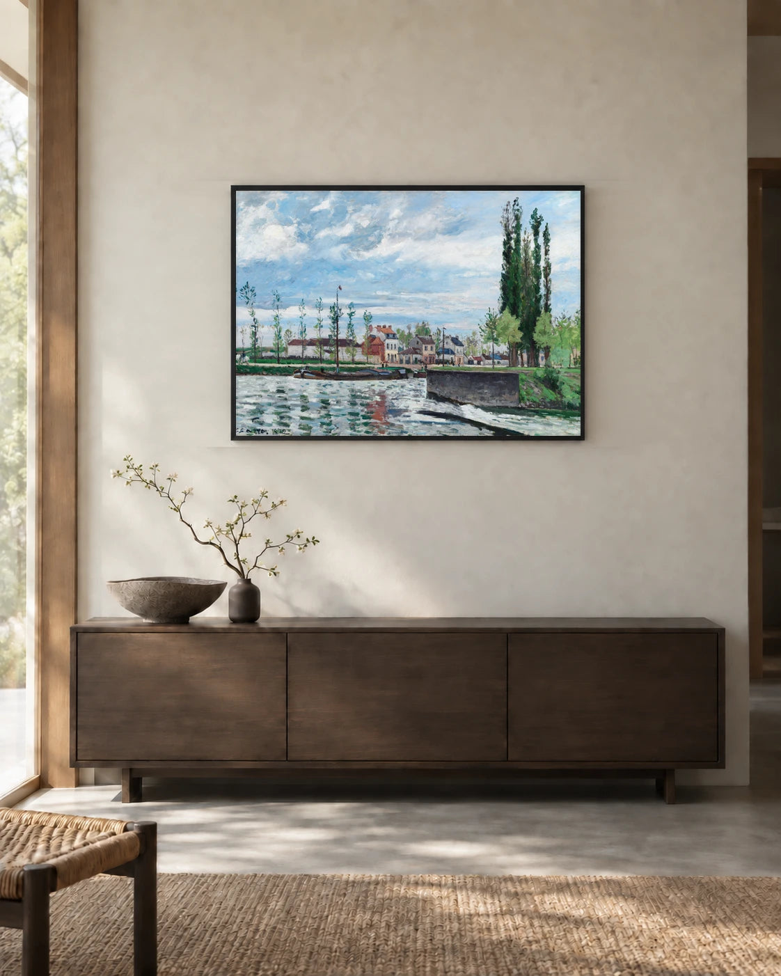 The Lock at Pontoise Art Print by Camille Pissarro in a styled interior
