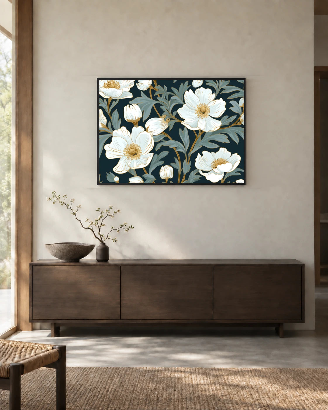 White Flowers on Teal Art Print in a styled interior