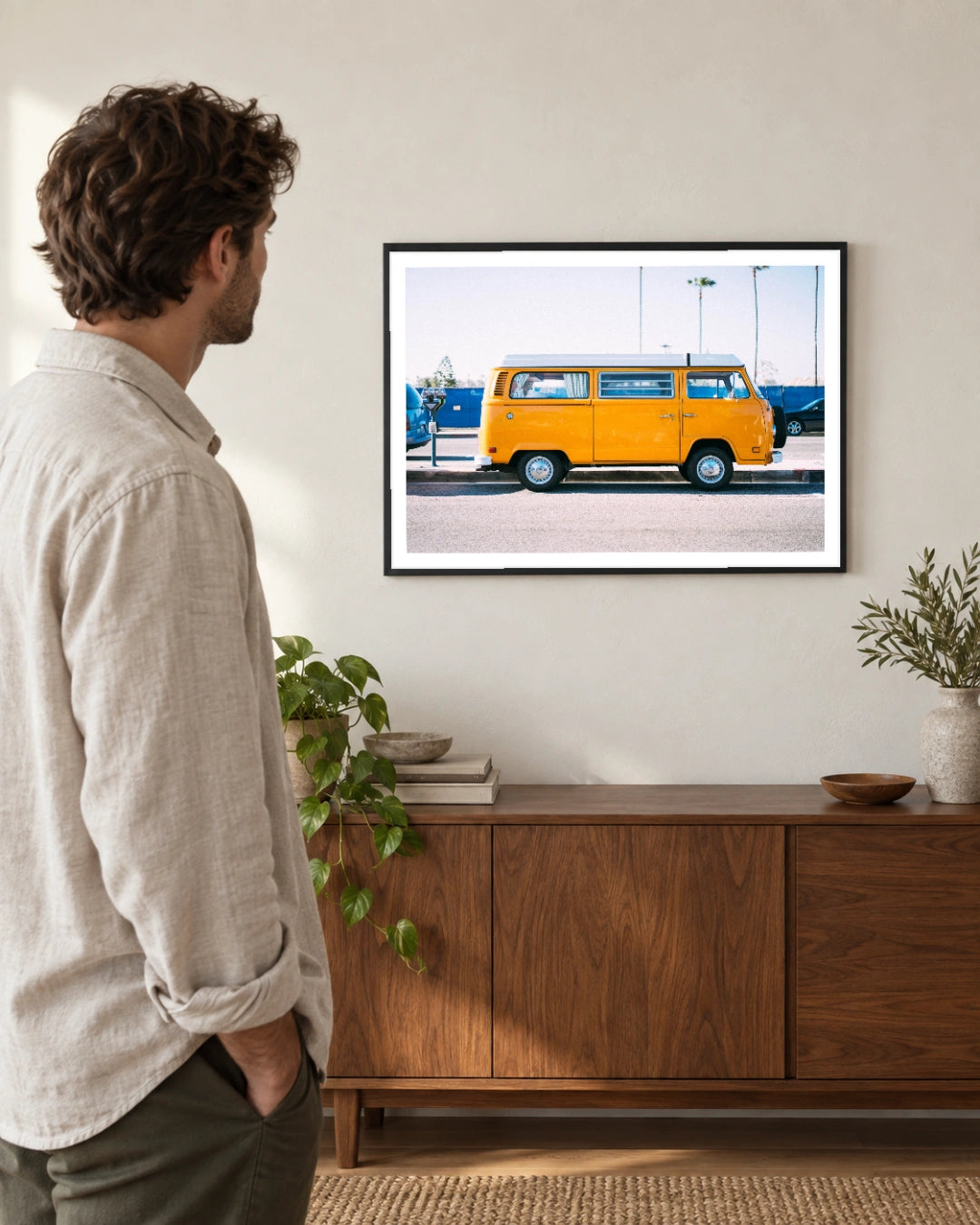 Yellow Van Coastal Photographic Print in a styled interior