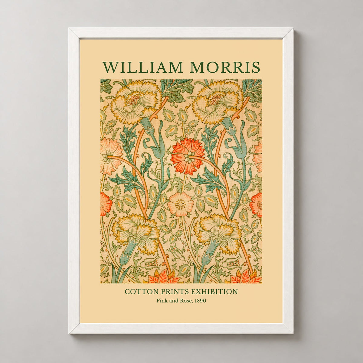 William Morris - Cotton Prints Exhibition, Pink and Rose (1890) — realistic white frame studio view