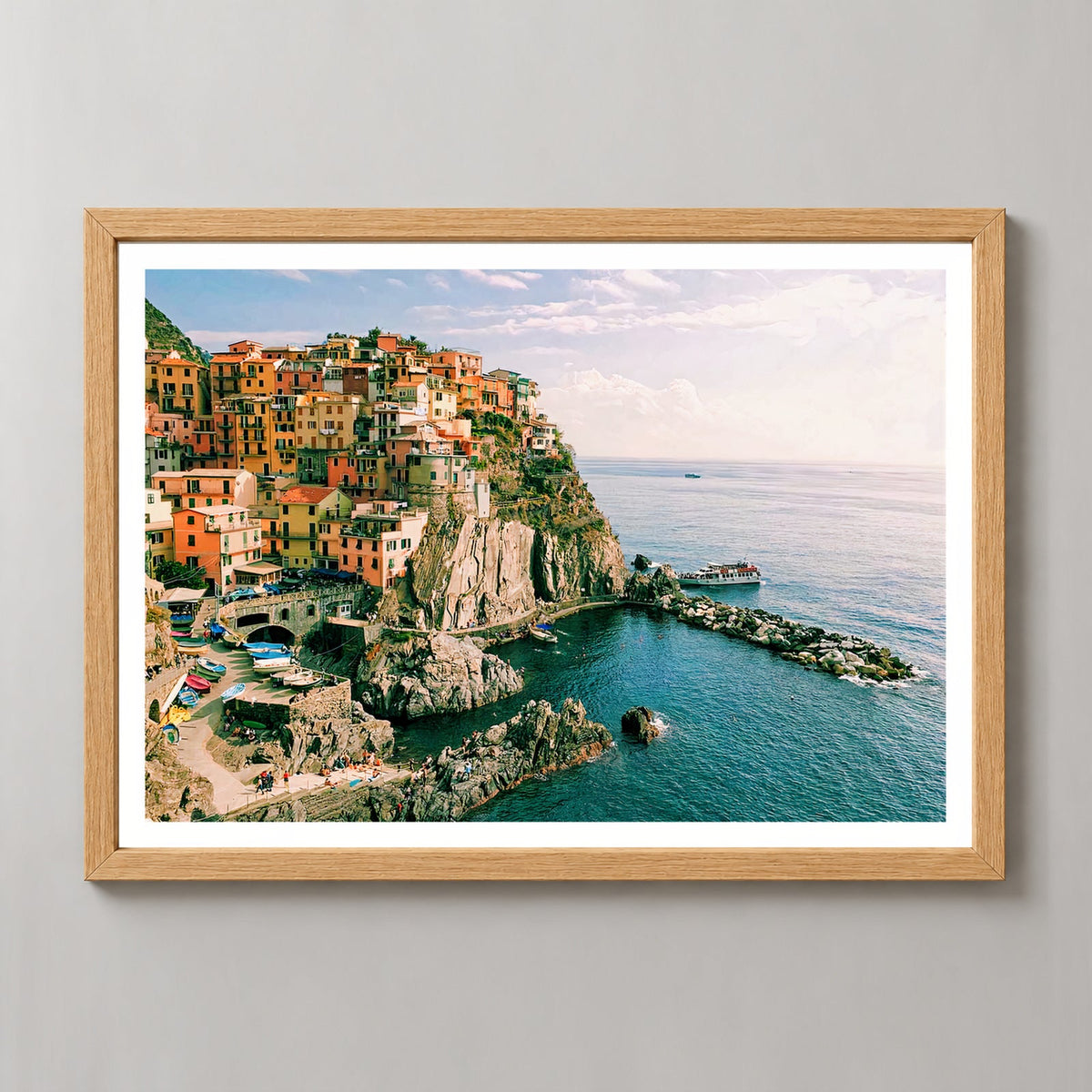 Manarola Cinque Terre Italy — realistic natural wood frame studio view