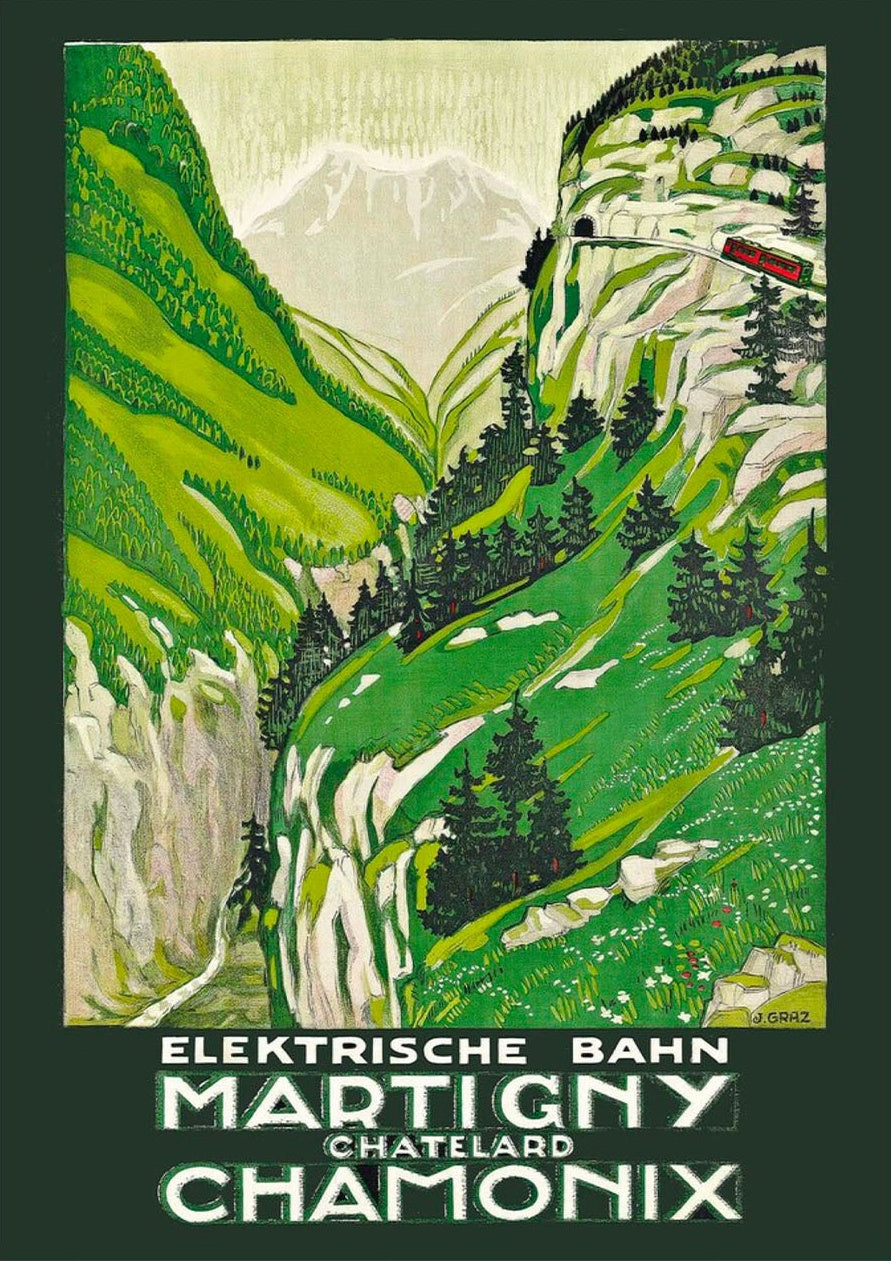 Vintage Elektirsche Bahn Martigny Chamonix Art Print by J. Graz — poster only, complete unframed artwork