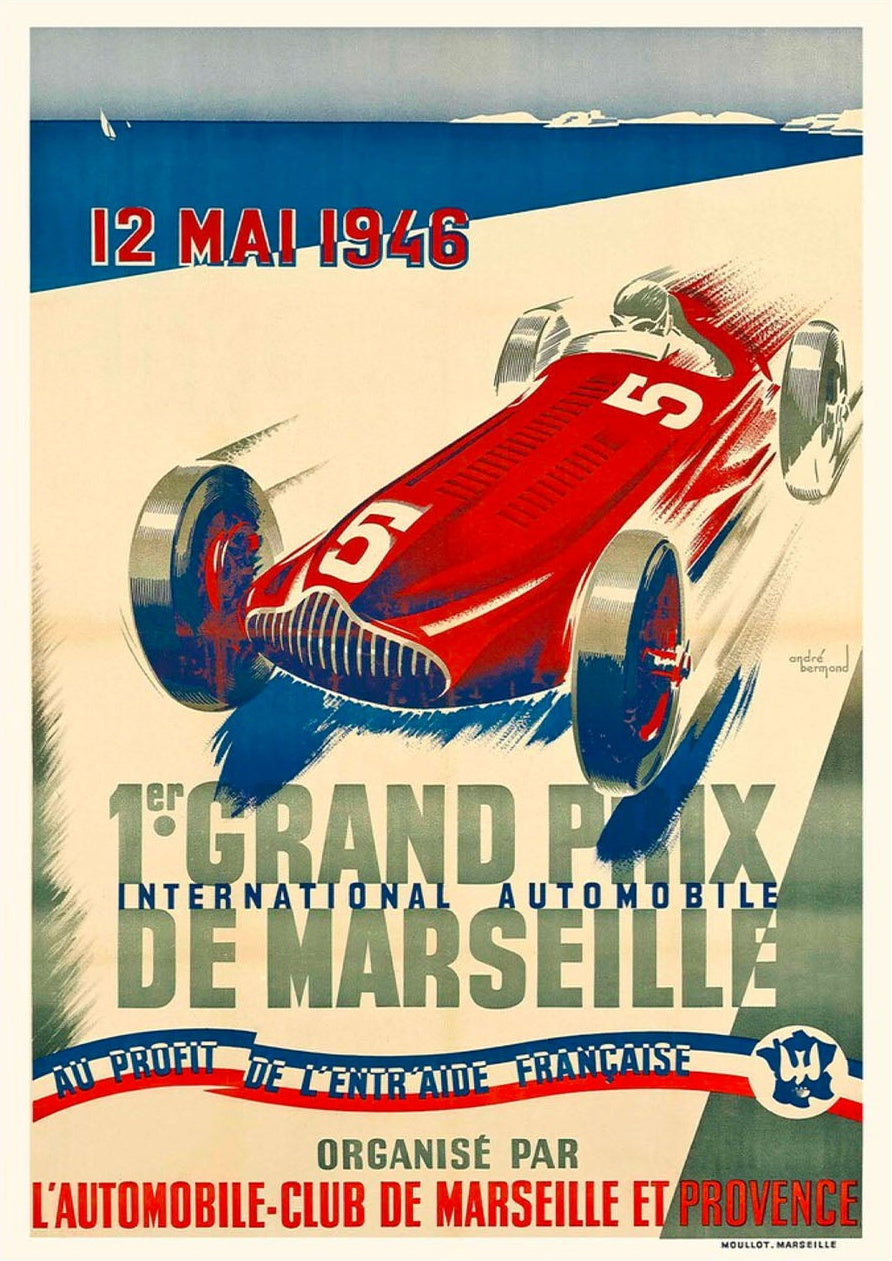 1er Grand Prix de Marseille 1946 - Vintage Racing Poster Art by André Bermond — poster only, complete unframed artwork