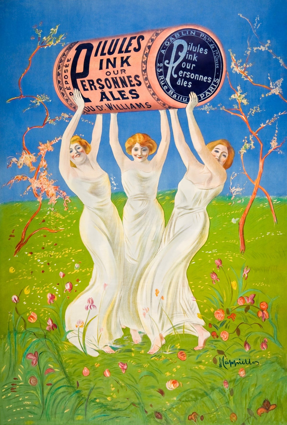 Vintage Art Nouveau Poster by Dr. Williams - Three Women with Pillules Ink — poster only, complete unframed artwork