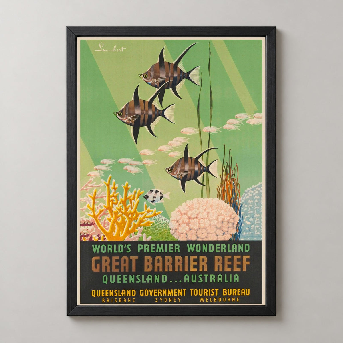 Great Barrier Reef Queensland Australia Vintage Travel Poster — realistic black frame studio view