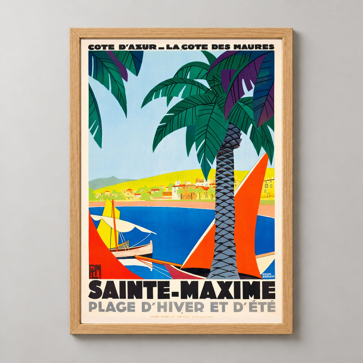 Sainte Maxime French Riviera France Vintage Travel Poster — realistic natural wood frame studio view