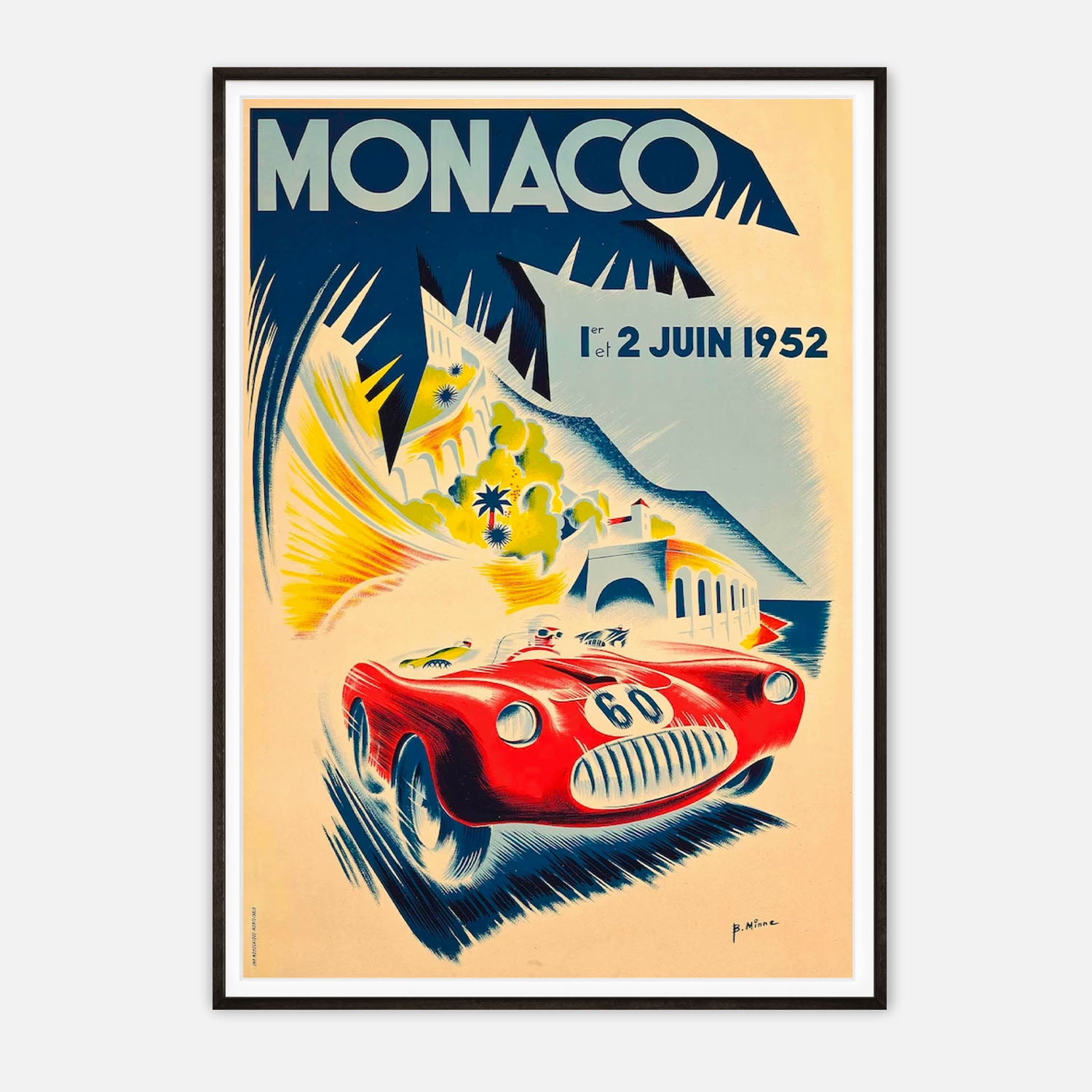 Vintage Monaco Grand Prix 1952 Poster by Bernard Minne - Classic Racing Art Print