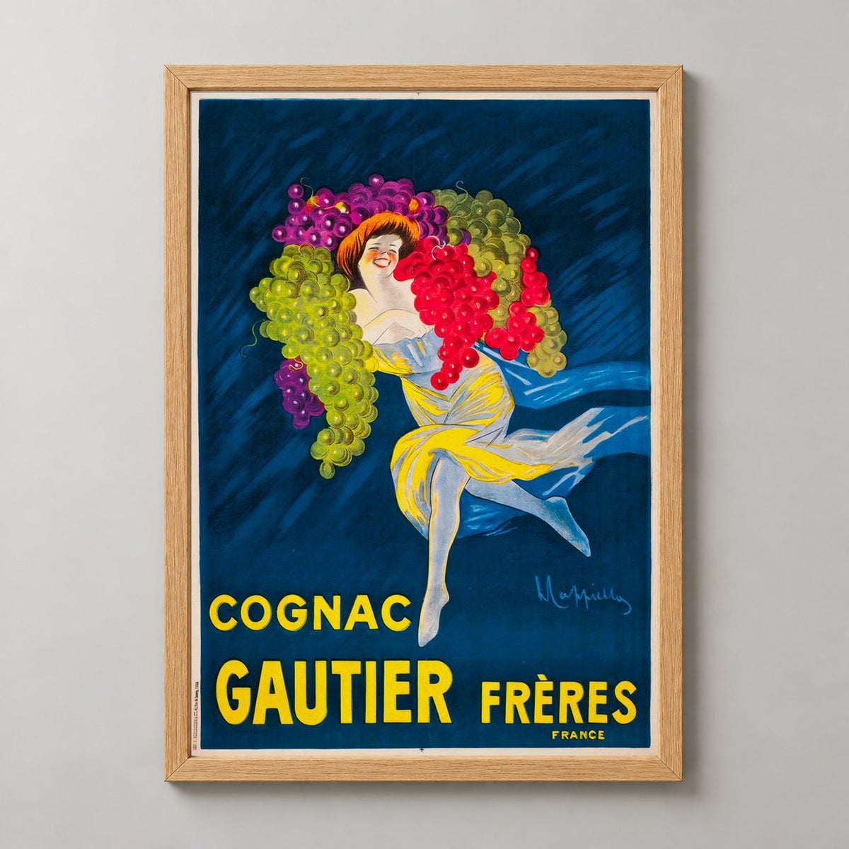 French Cognac Gautier Vintage Advertising Poster - Elegant and Nostalgic Décor — realistic natural wood frame studio view