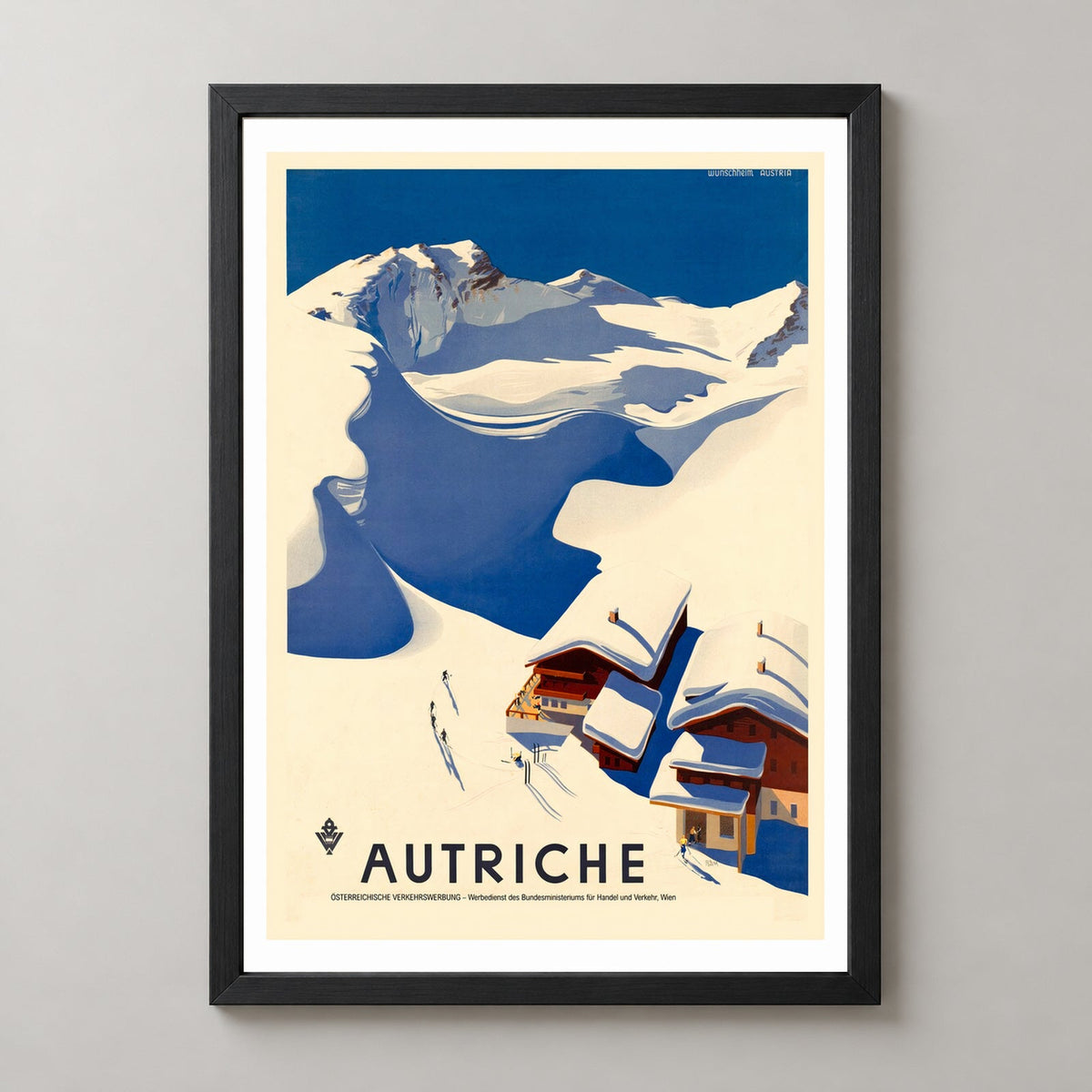Austria Autriche Vintage Ski Poster — realistic black frame studio view