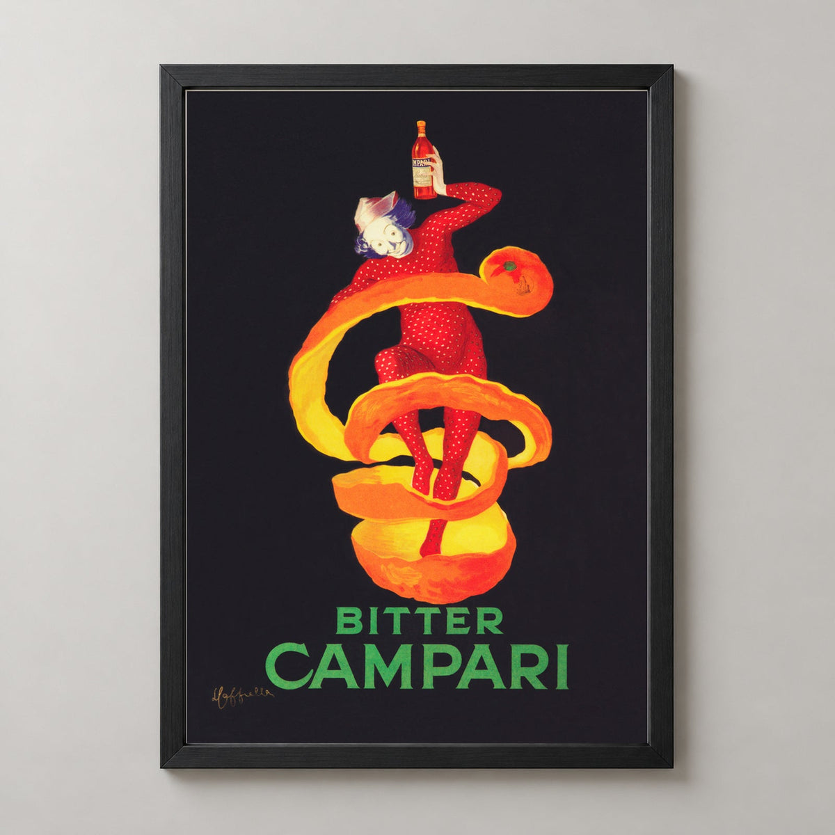 Bitter Campari Vintage Advertising Poster by Leonetto Cappiello — realistic black frame studio view