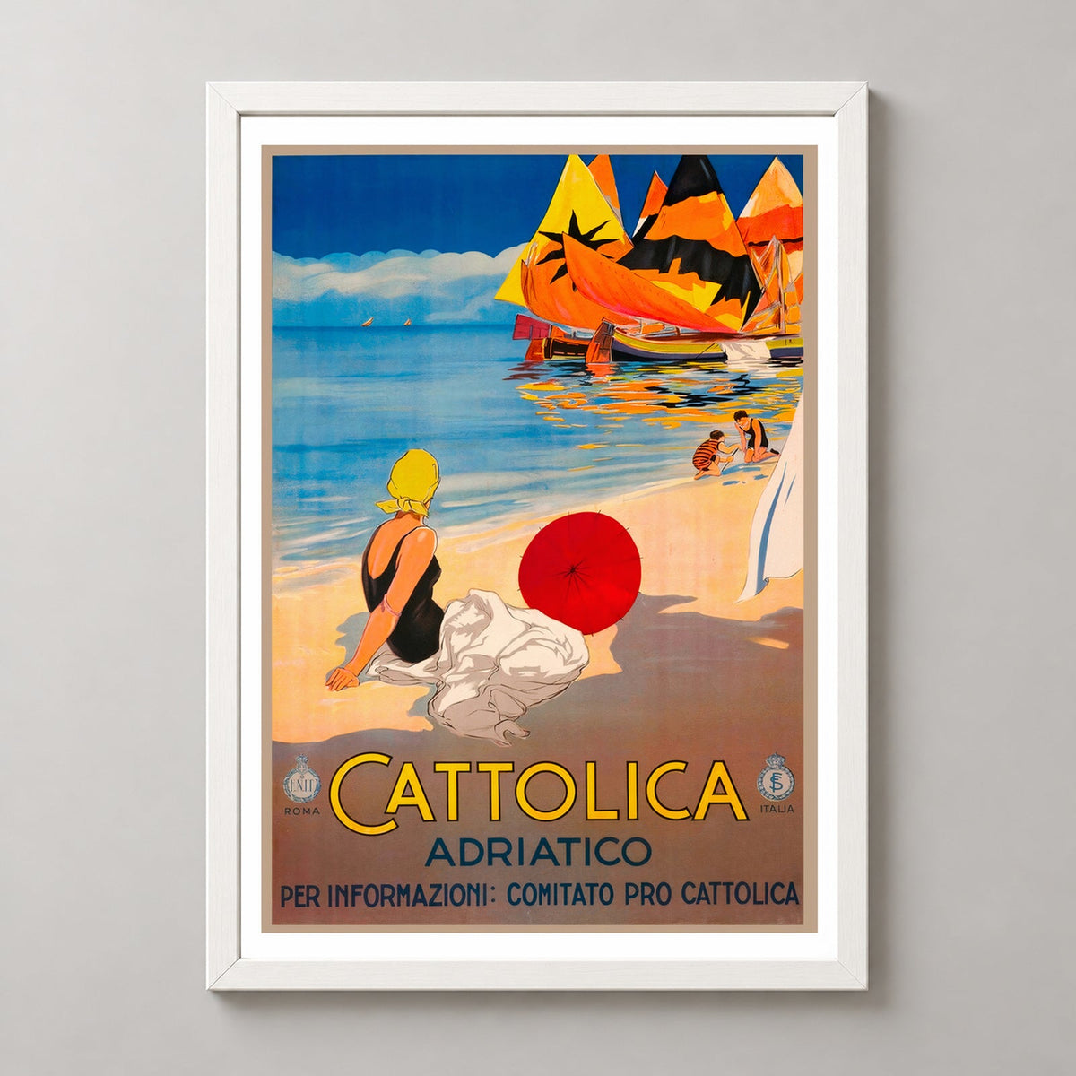 Italian Vintage Travel Poster - Cattolica Rimini, Italy — realistic white frame studio view