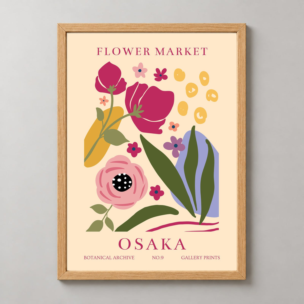 Flower Market Osaka Wall Art Print - Vibrant Botanical Illustration — realistic natural wood frame studio view