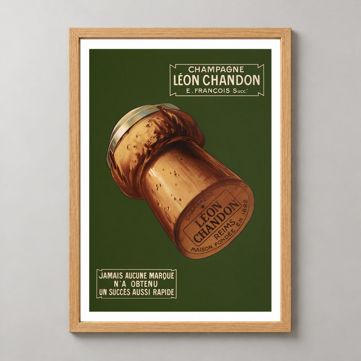 Léon Chandon Champagne Vintage Poster - Classic French Advertising Art Print — realistic natural wood frame studio view