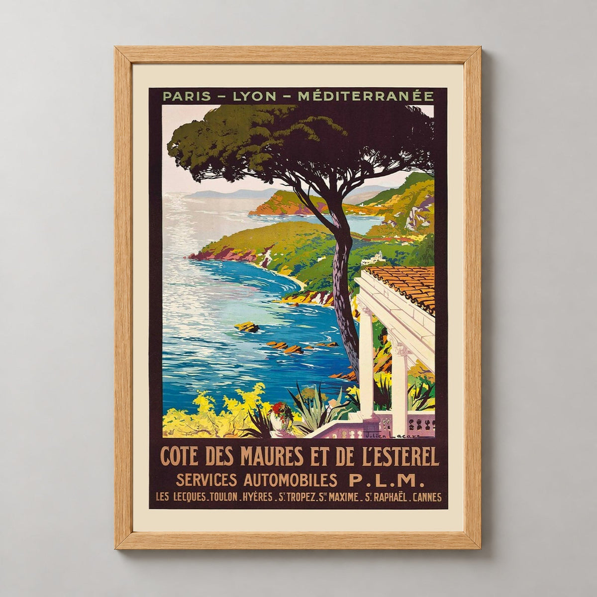 Côte des Maures et de l'Estérel Art Print - Vintage Mediterranean Travel Poster — realistic natural wood frame studio view