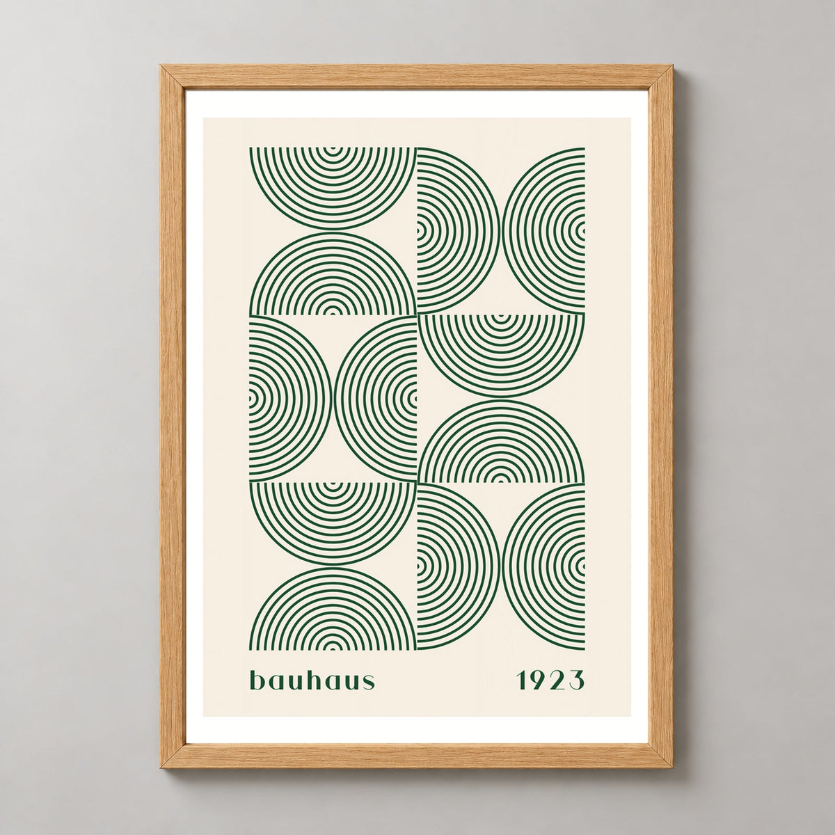 Bauhaus 1923 Art Print - Classic Geometric Design — realistic natural wood frame studio view