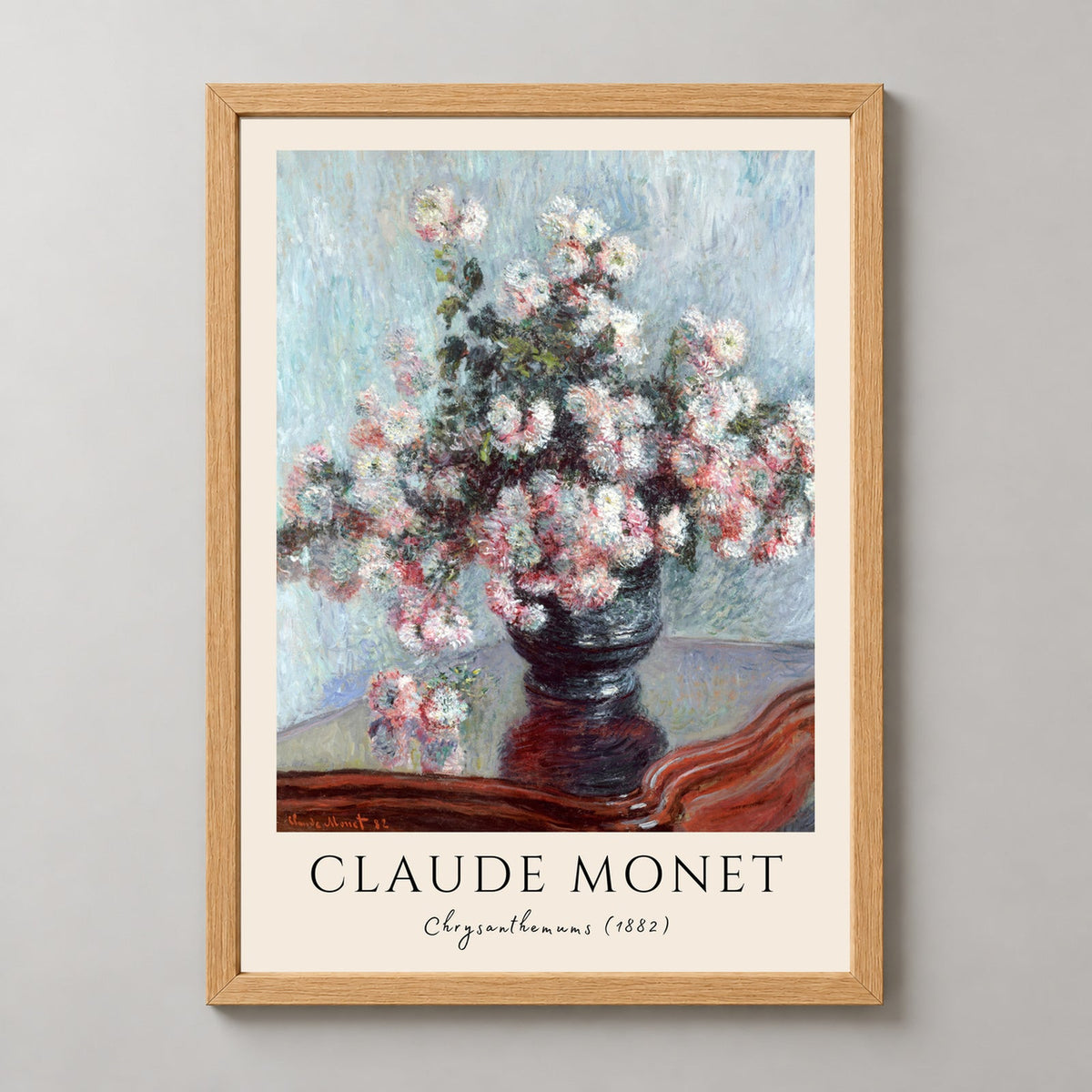 Claude Monet's Chrysanthemums (1882) - Iconic Impressionist Floral Art Print — natural wood frame, matching studio view